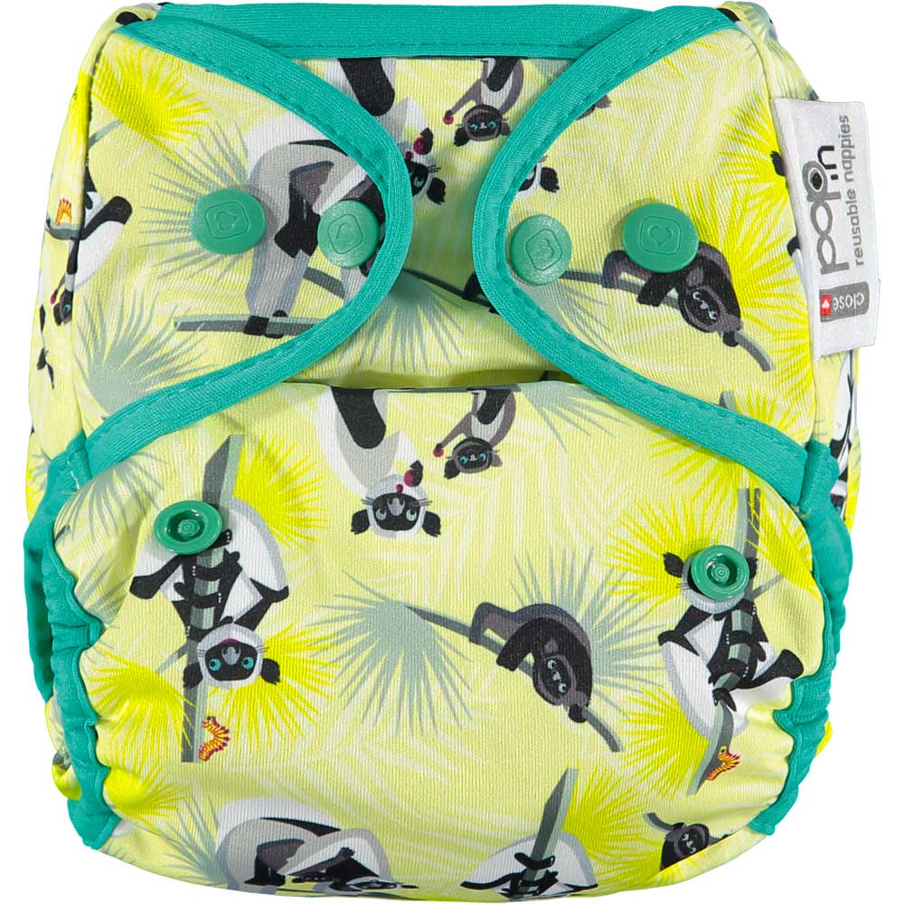 The Close Pop-In +bamboo reusable cloth nappy with adjustable popper closures, in a lemur print