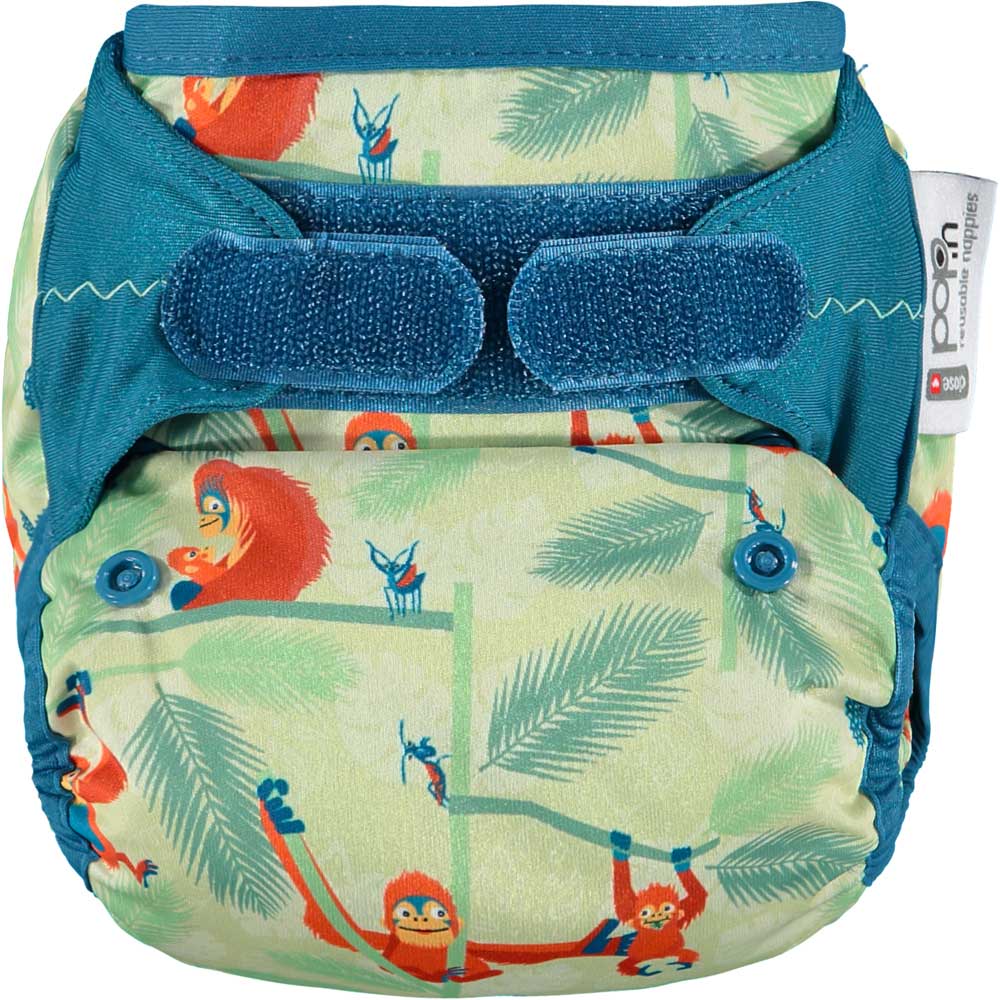 The Close Pop-In +bamboo reusable cloth nappy with adjustable velcro closures, in an orangutan print