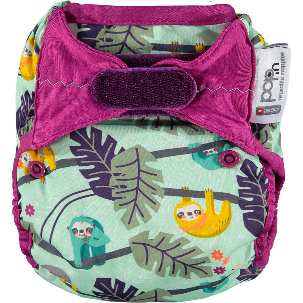 The Close Pop-In +bamboo reusable cloth nappy with adjustable velcro closures, in a Sloth print