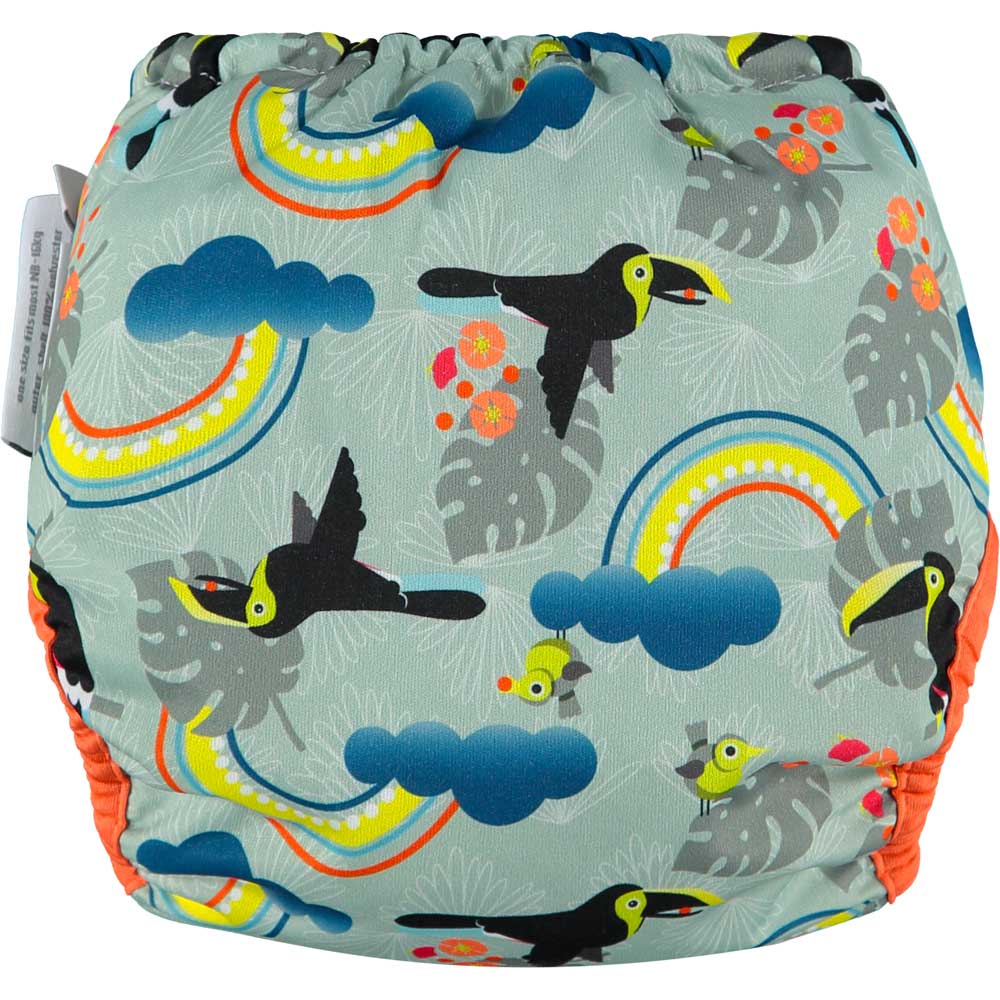 The back of The Close Pop-In +bamboo reusable cloth nappy with adjustable velcro closures, in a toucan print