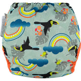 The back of The Close Pop-In +bamboo reusable cloth nappy with adjustable velcro closures, in a toucan print