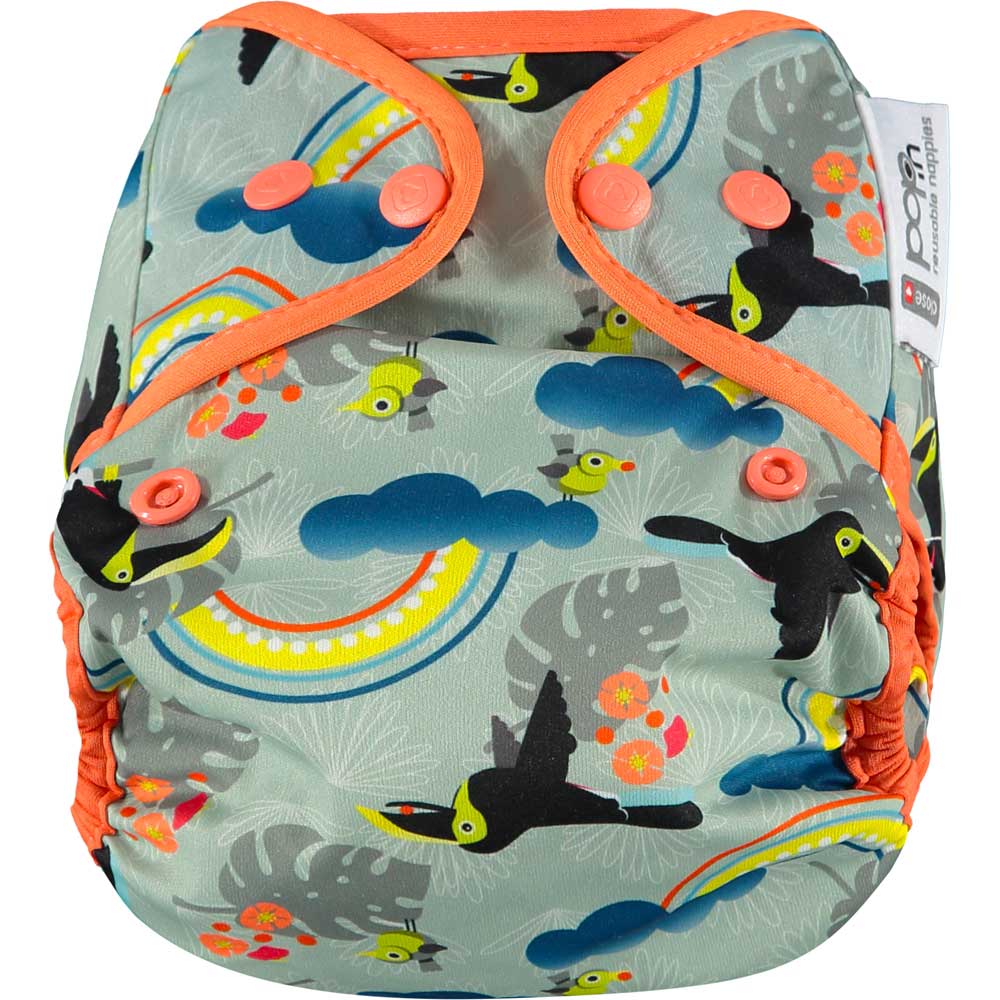 The Close Pop-In +bamboo reusable cloth nappy with adjustable popper closures, in a toucan print