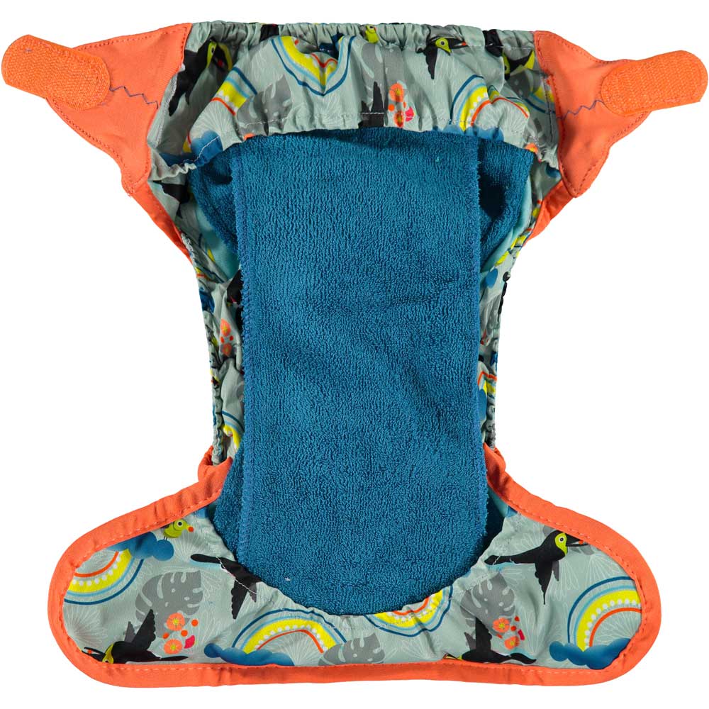 The inside of The Close Pop-In +bamboo reusable cloth nappy with adjustable velcro closures, opened to show the bamboo lining