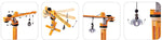 Four images showing some of the moving parts of the PlanToys wooden crane toy. White background.