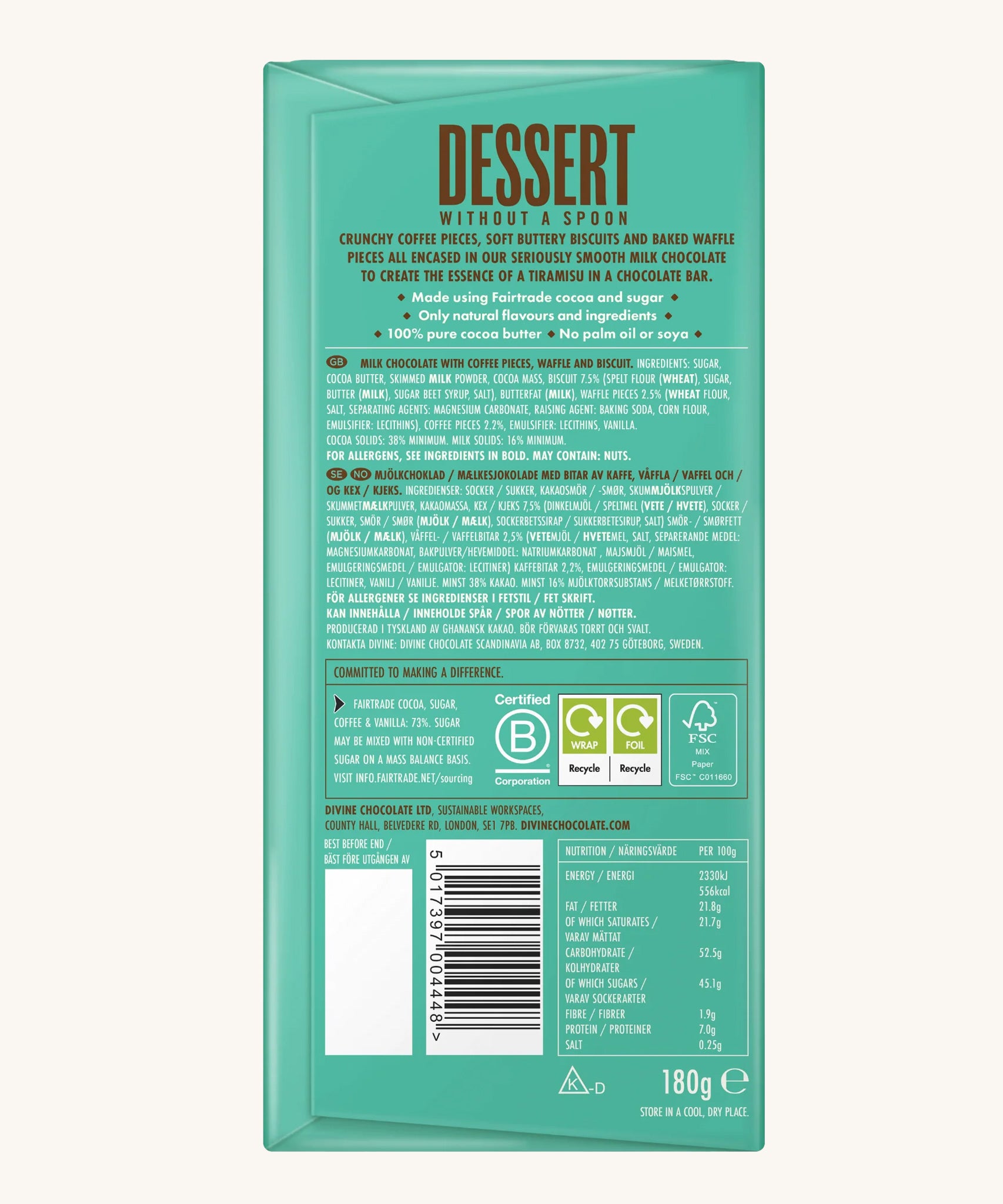 The Divine Tiramisu Dessert Bar showing the ingredients on the back of a wrapped bar.