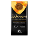 Divine Fairtrade 70% Dark Chocolate with ginger and orange  Bar in packaging pictured on a plain white background