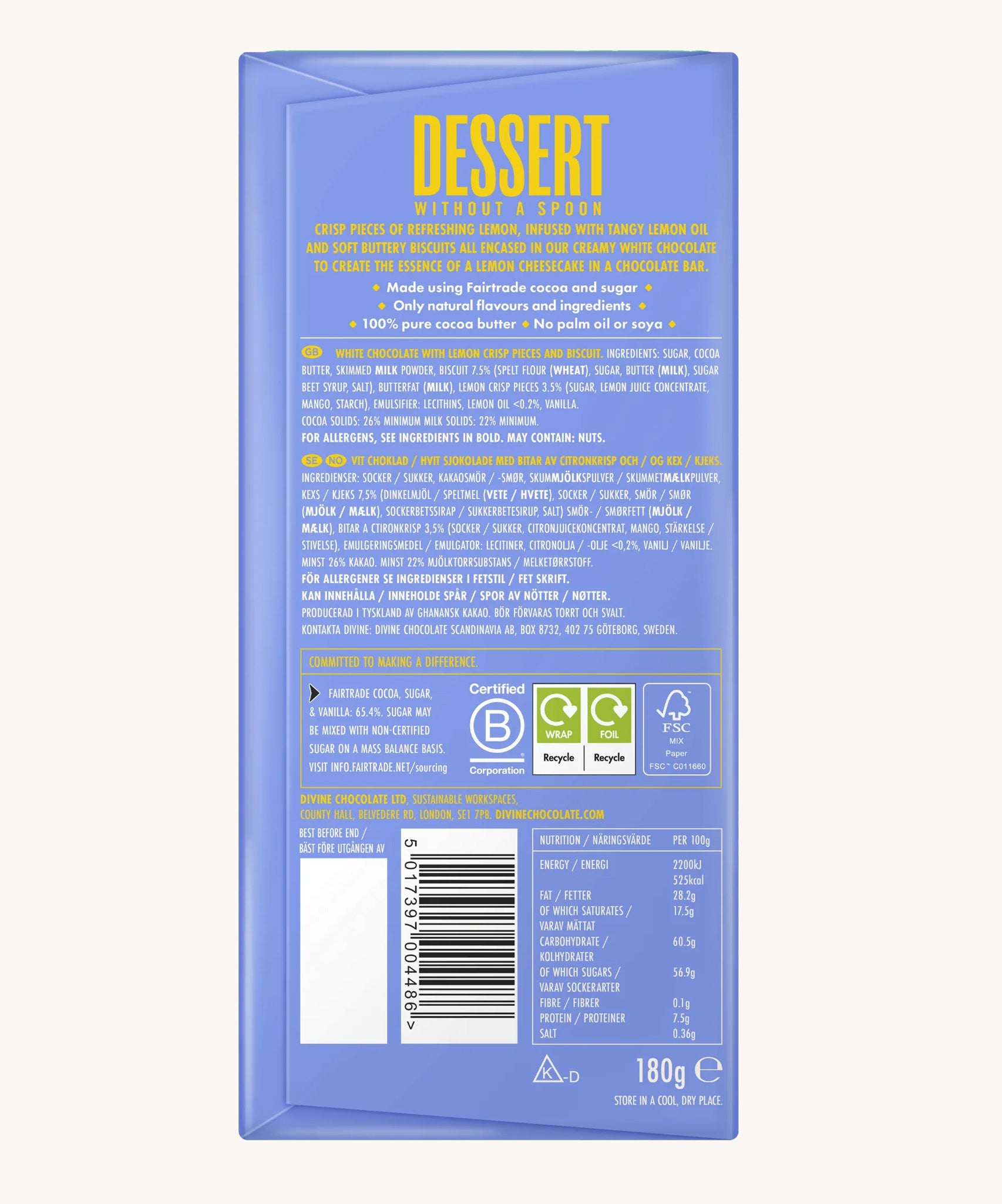 The back of the Divine White Chocolate Lemon Cheesecake Dessert Bar in it's wrapping showing the ingredients list.
