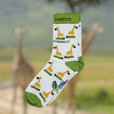 Eco kiddies organic cotton white giraffe sock on a background of giraffe in a safari environment.