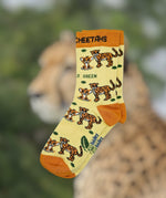 Eco kiddies organic cotton yellow cheetah socks on a background of a cheetah in a safari environment.