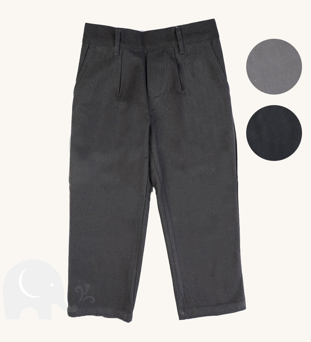 The Eco Outfitters boy's fit school trousers in charcoal, made from organic and fair trade cotton.