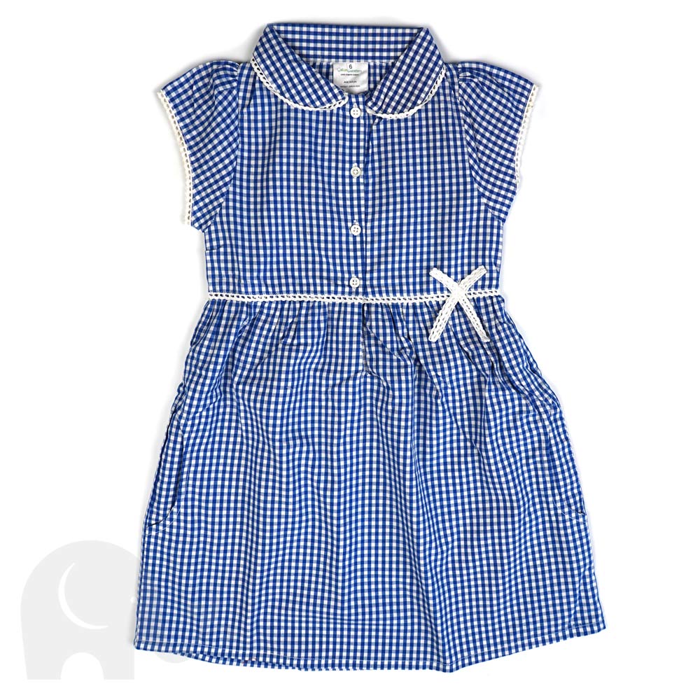 The Eco Outfitters organic and fair trade cotton school summer dress in blue gingham.