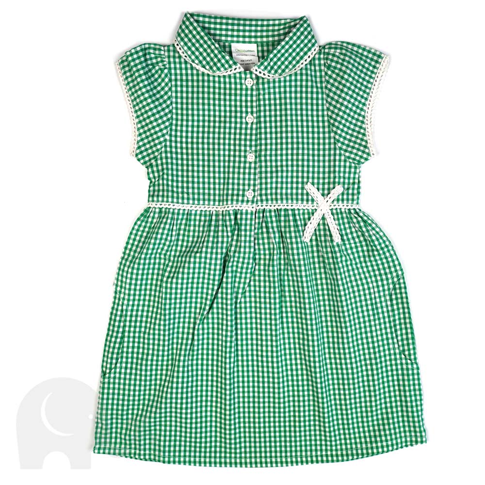 The Eco Outfitters organic and fair trade cotton school summer dress in green gingham.