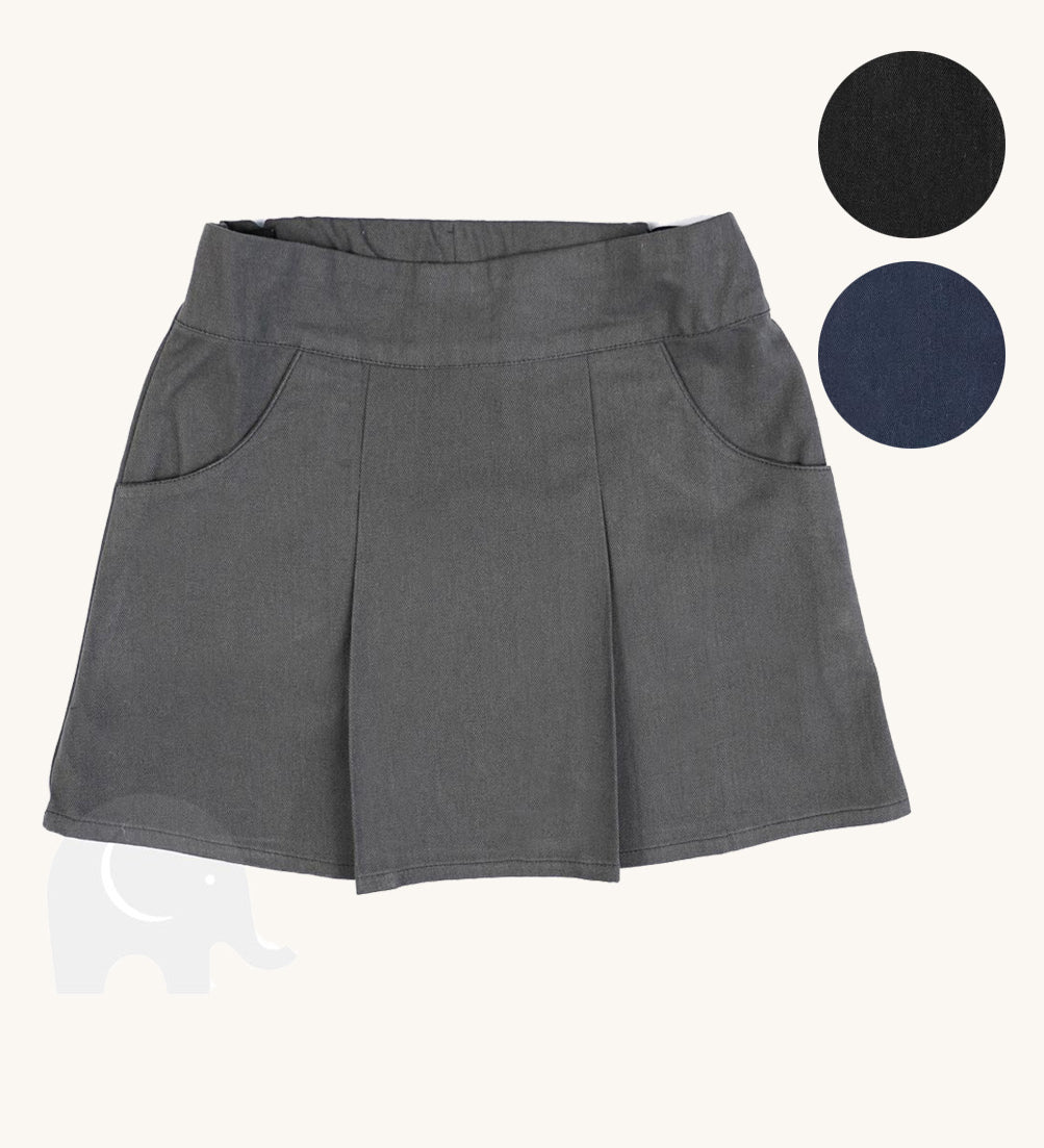 The Eco Outfitters organic cotton school pleated skirt in grey, with two colour swatch options.