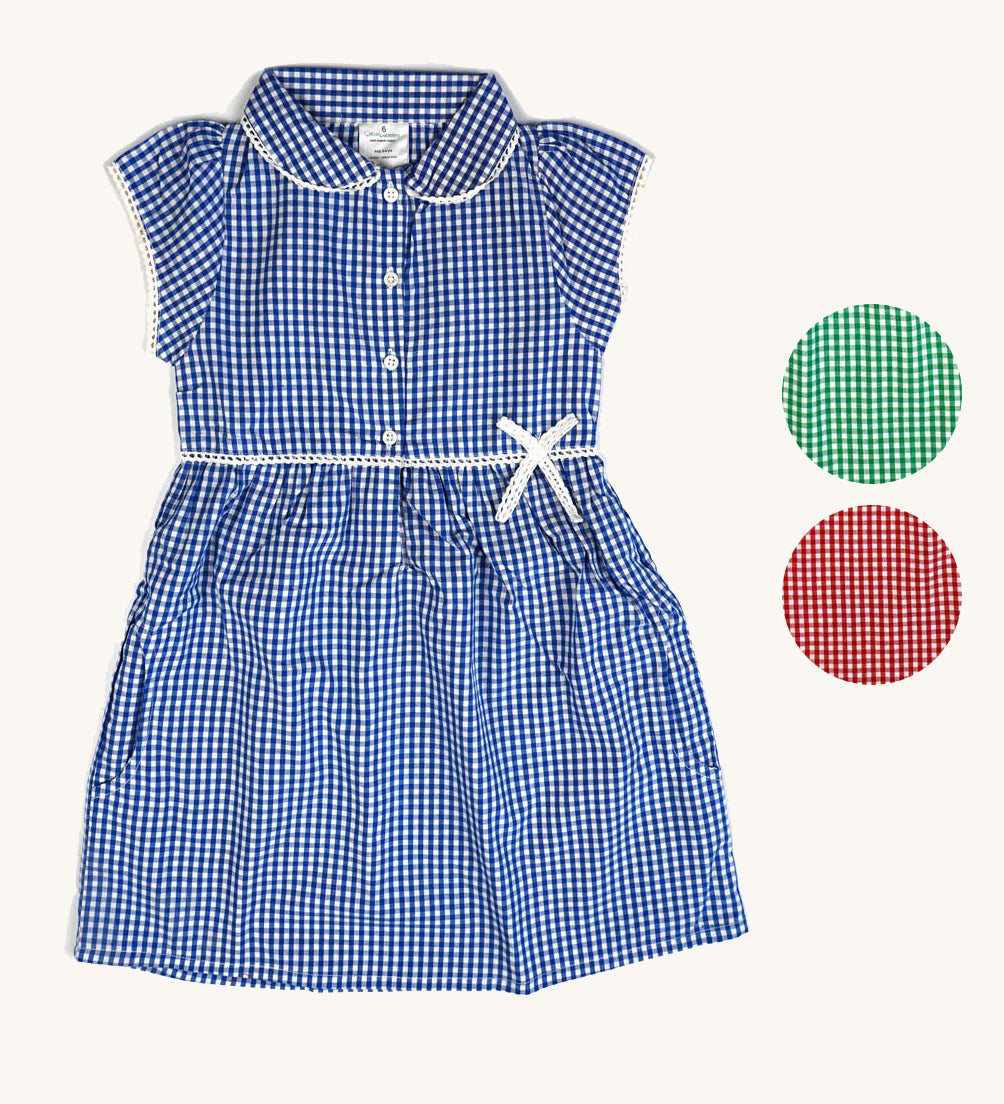 The Eco Outfitters gingham school summer dress in blue, with two alternative colour swatches, green and red.