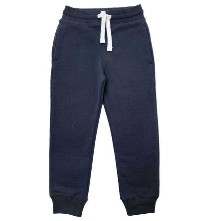 The Eco Outfitters organic cotton jogger trousers for PE, in navy with a white drawstring cord.