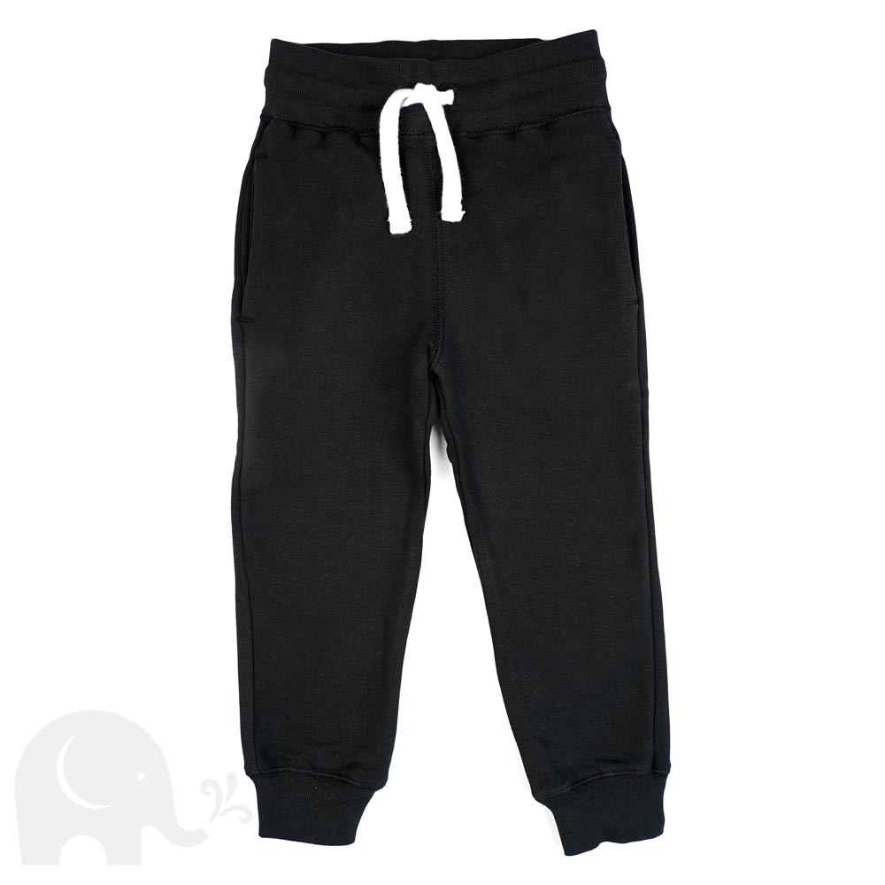 The Eco Outfitters organic cotton jogger trousers for PE, in black with a white drawstring cord.