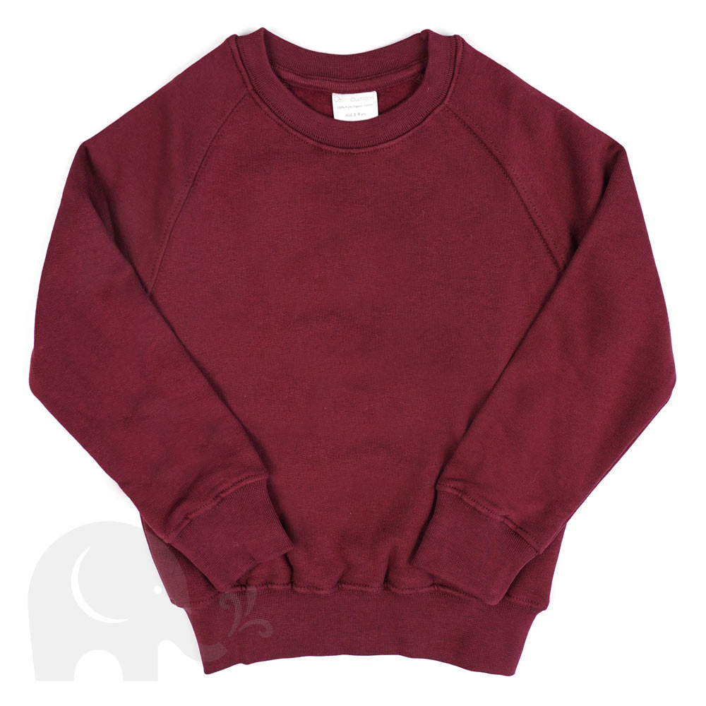 An Eco Outfitters organic school jumper in maroon.