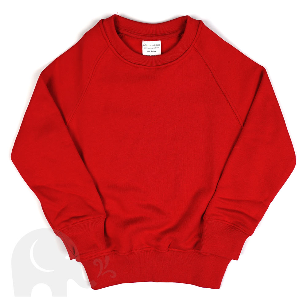An Eco Outfitters organic school jumper in red.