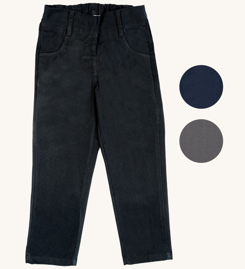 The Eco Outfitters organic and fair trade cotton girls school trousers in black.