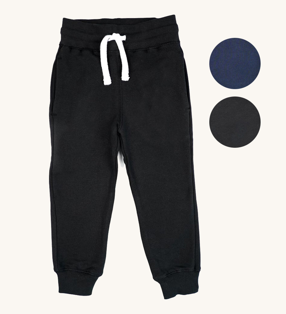 The Eco Outfitters organic cotton jogger trousers for PE, in black with a white drawstring cord.