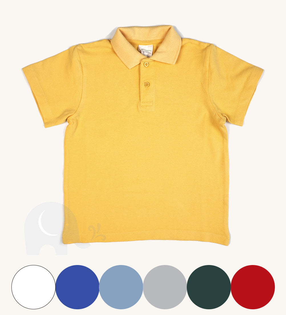 The Eco Outfitters organic cotton school polo shirt, in yellow with other colour swatches available.
