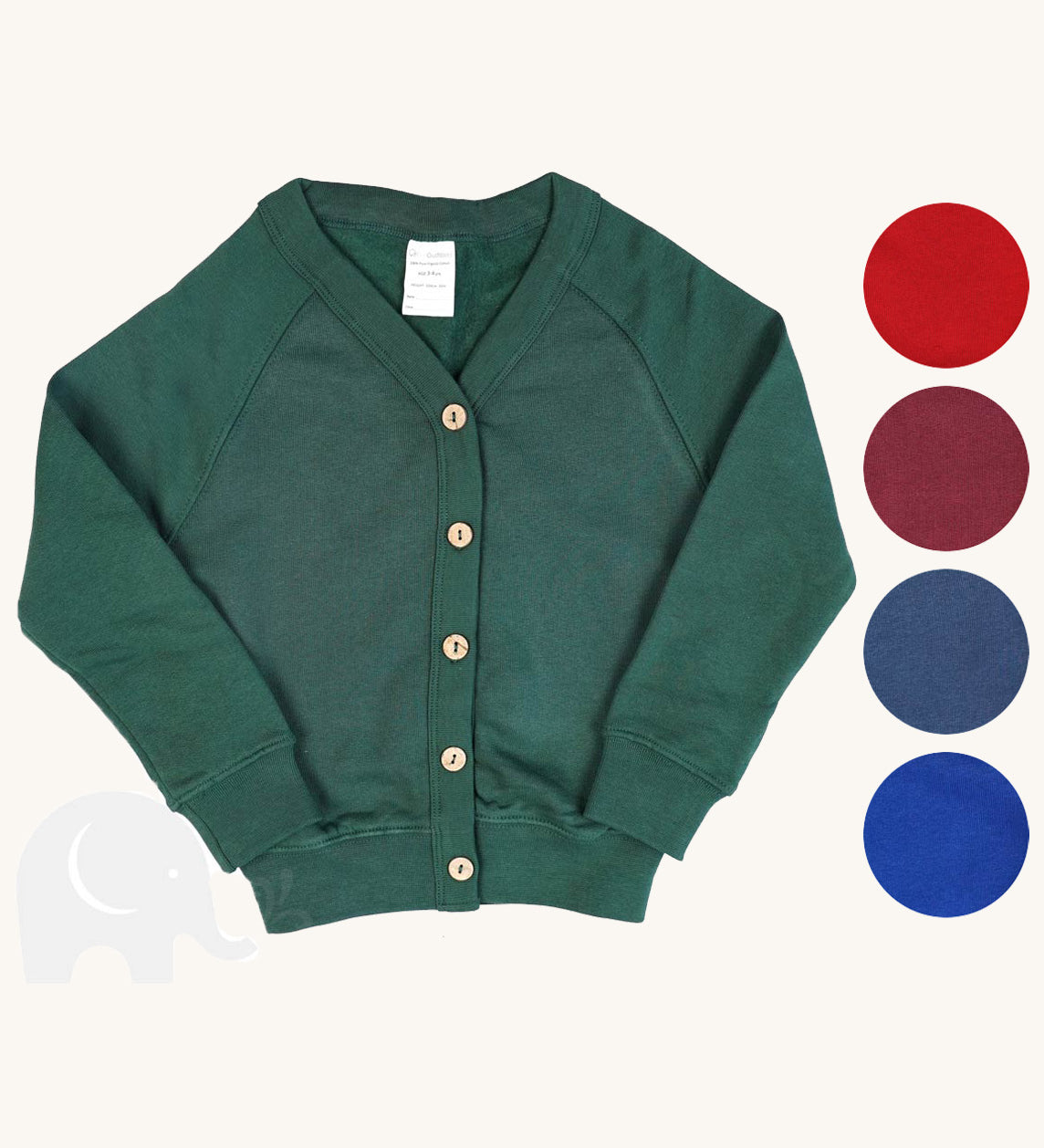 The Eco Outfitters organic cotton school cardigan in bottle green, along with the other colour swatches available.