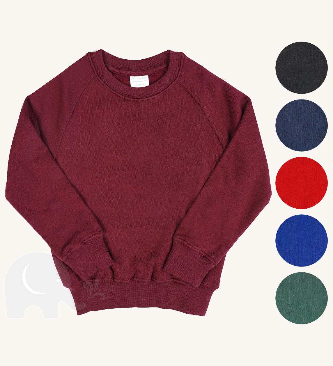 Eco Outfitters school uniform sweatshirt jumper in maroon, with circular colour swatches to showcase the other colours available.