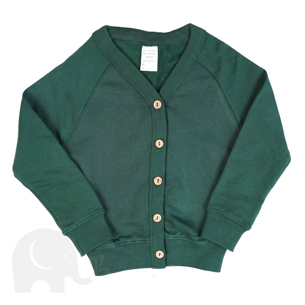 The Eco Outfitters organic cotton school cardigan in bottle green.