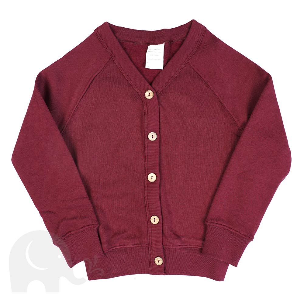 The Eco Outfitters organic cotton school cardigan in maroon.