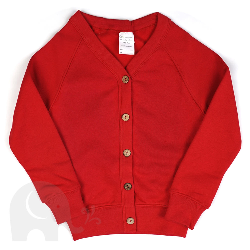 The Eco Outfitters organic cotton school cardigan in red.