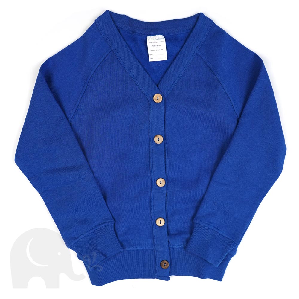 The Eco Outfitters organic cotton school cardigan in royal blue.