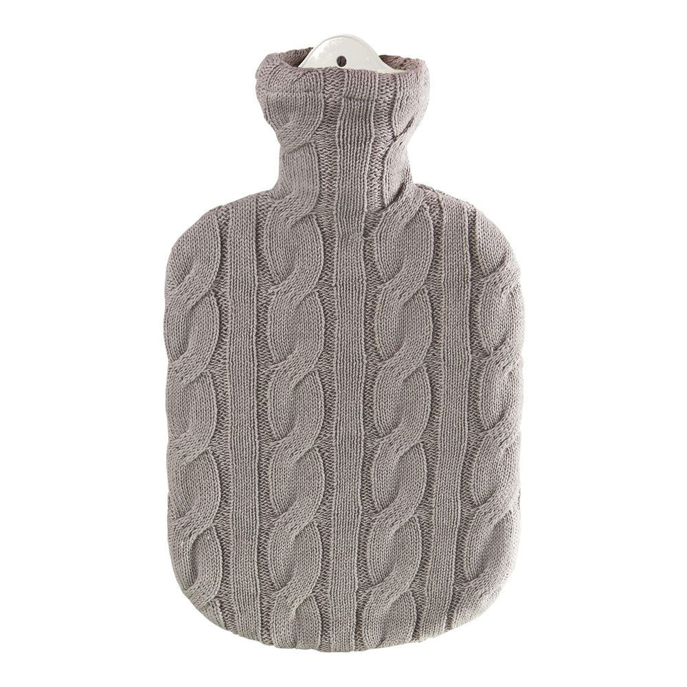 Ecoliving Natural Rubber Hot Water Bottle with a Grey Stone cable knit effect pictured on a plain white background