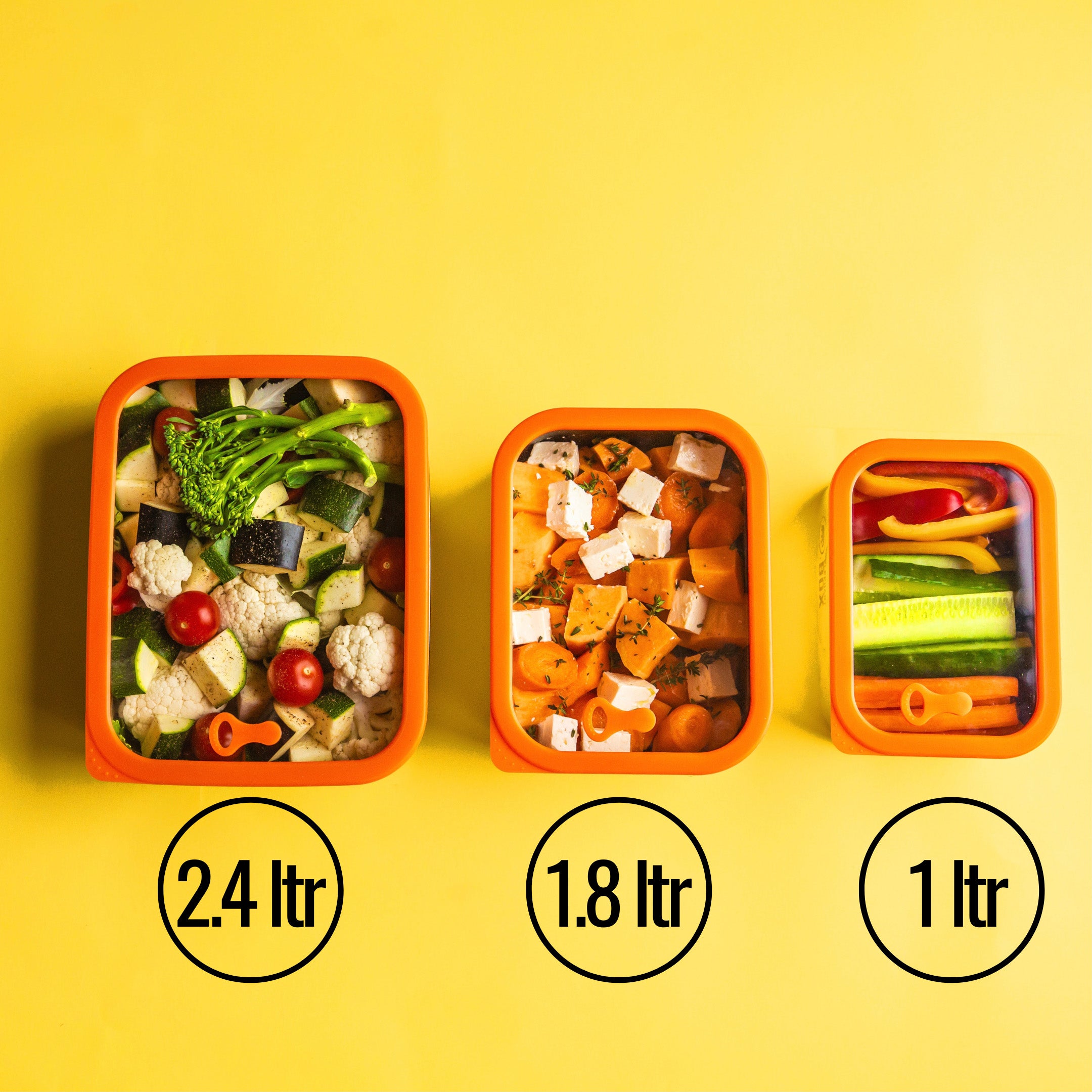 Three sizes of the Elephant Box Prep & Store food storage containers, with orange silicone seals and see through glass lids.
