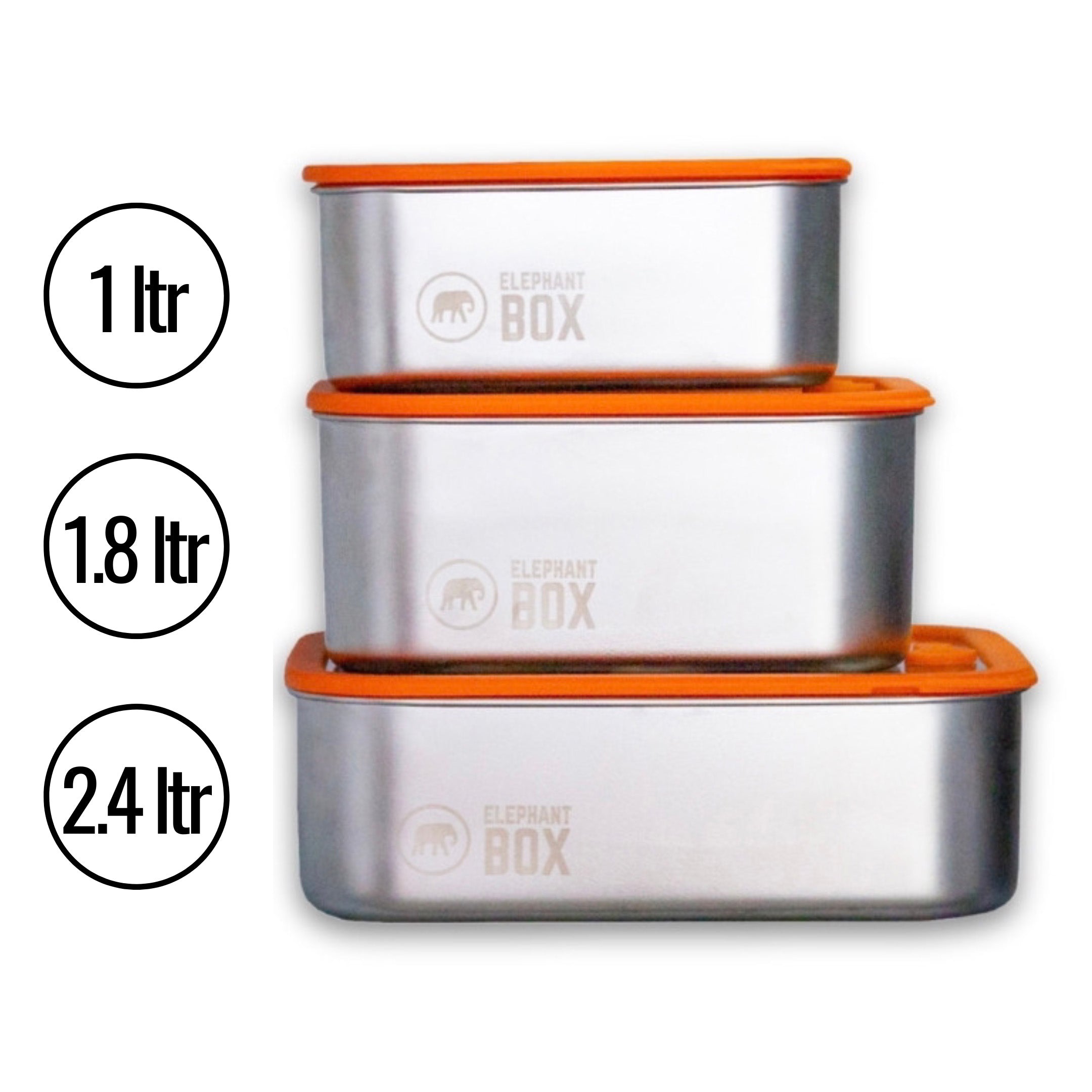 Three different sizes of the Elephant Box Prep & Store food storage containers, with orange silicone and glass lids.