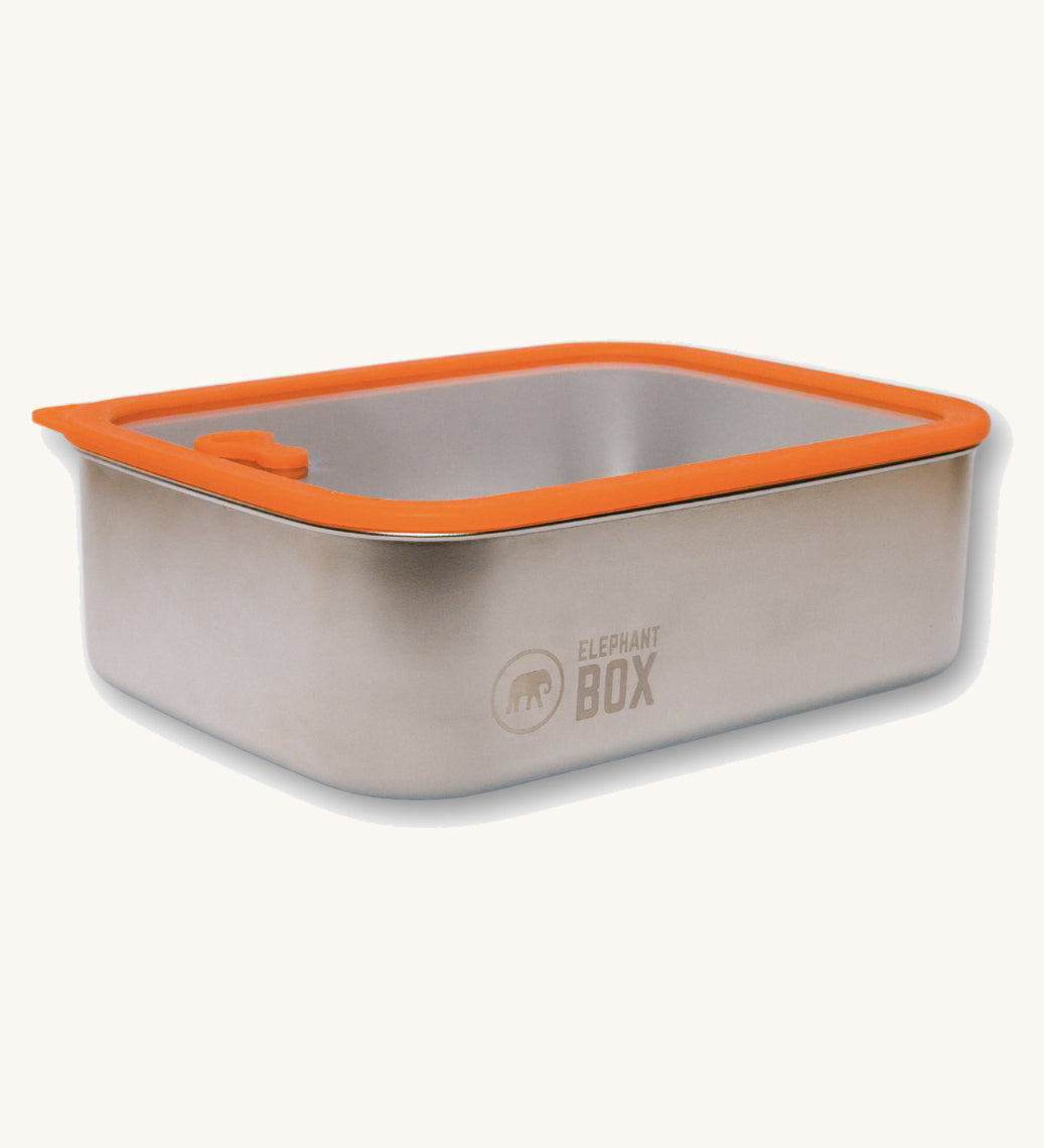 The Elephant Box Prep & Store large food storage container with an orange silicone seal and see through glass lid.