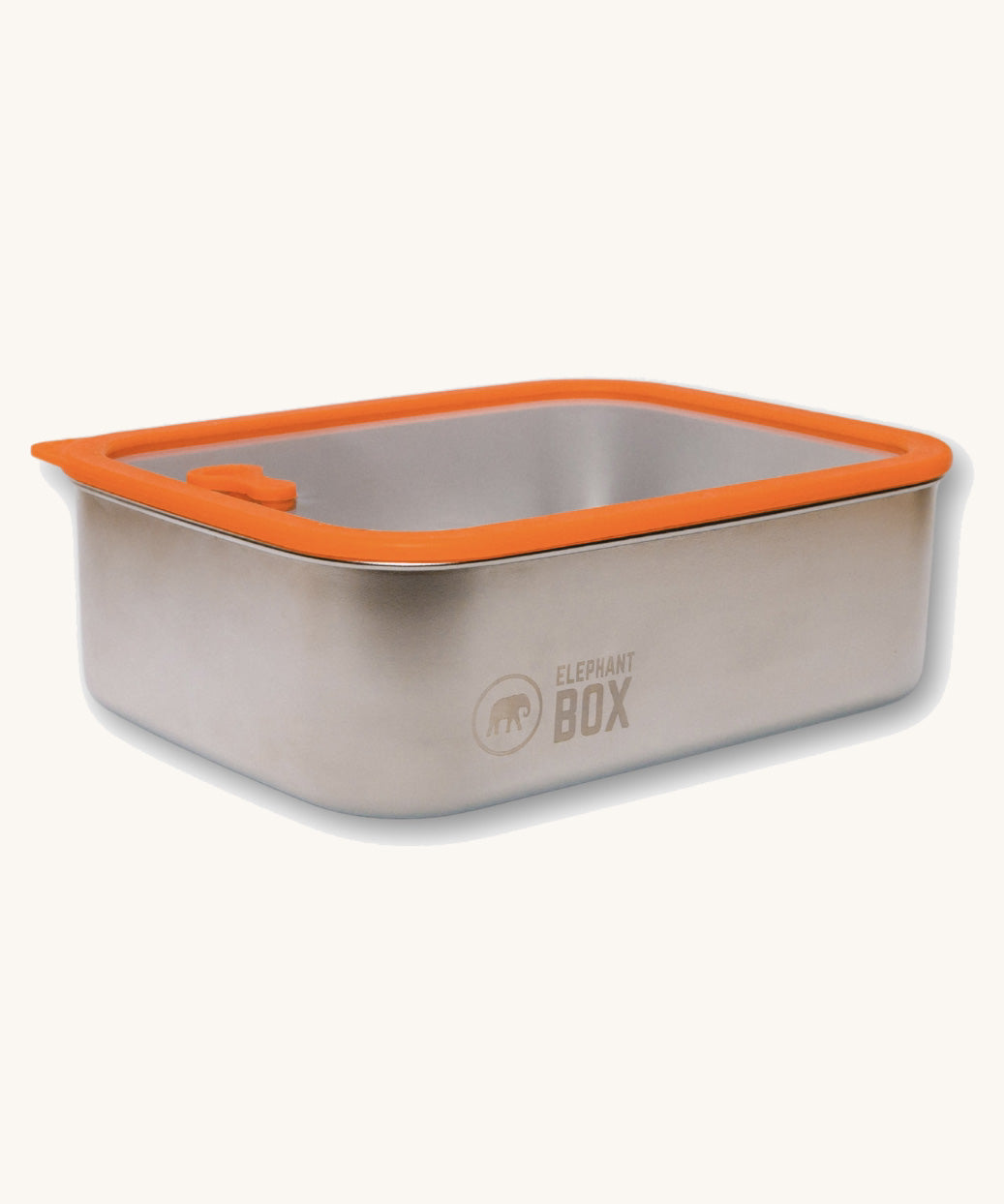 The Elephant Box Prep & Store large food storage container with an orange silicone seal and see through glass lid.