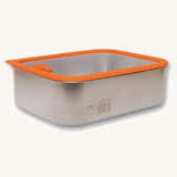 The Elephant Box Prep & Store large food storage container with an orange silicone seal and see through glass lid.