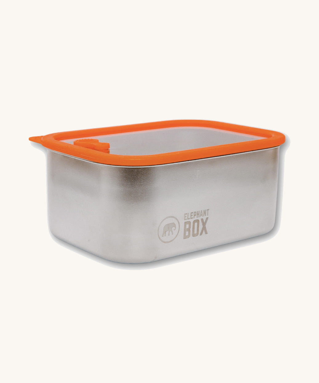The Elephant Box Prep & Store medium food storage container with an orange silicone seal and see through glass lid.