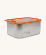 The Elephant Box Prep & Store medium food storage container with an orange silicone seal and see through glass lid.
