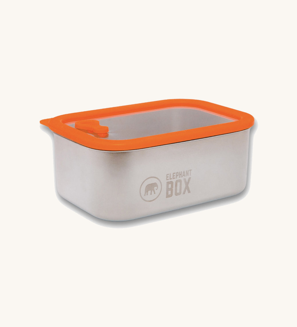 The Elephant Box Small Prep & Store food storage container, with an orange silicone lid.