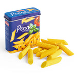 Erzi children's wooden play food pasta laid out on a white background next to their metal tin