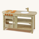 The Erzi outdoor wooden play kitchen, with the beautiful wood grain showing through.