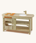 The Erzi outdoor wooden play kitchen, with the beautiful wood grain showing through.