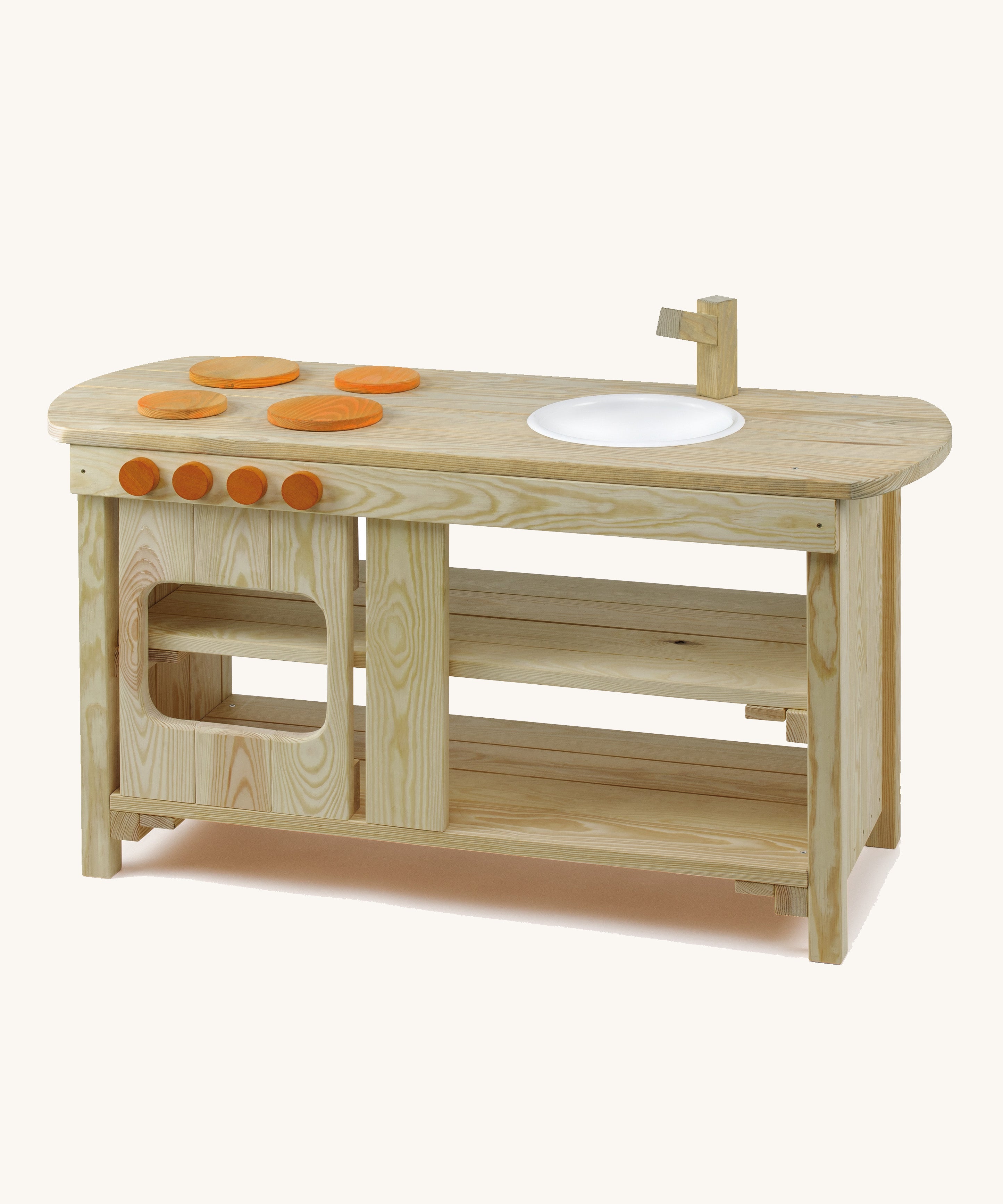 The Erzi outdoor wooden play kitchen, with the beautiful wood grain showing through.