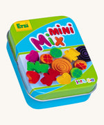 Erzi wooden jelly babies mix in a tin on a cream background.