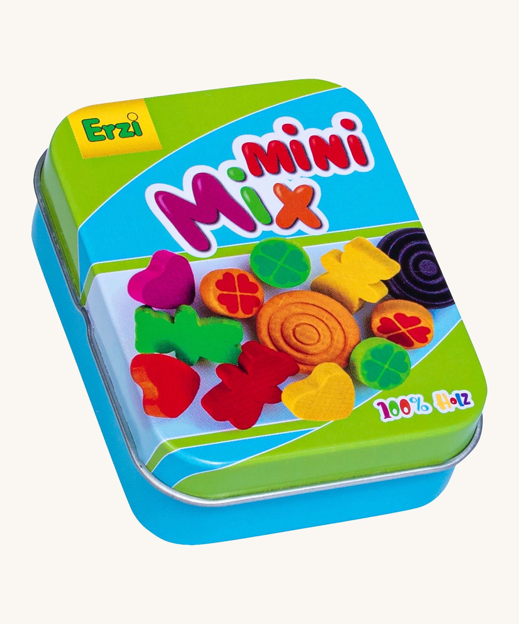 Erzi wooden jelly babies mix in a tin on a cream background.