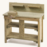 The Erzi wooden outdoor workbench toy, with beautiful wood grain showing through, lots of shelves, and a vice.