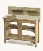 The Erzi wooden outdoor workbench toy, with beautiful wood grain showing through, lots of shelves, and a vice.