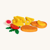 Erzi wooden schnitzel party assortment set  on a cream background.