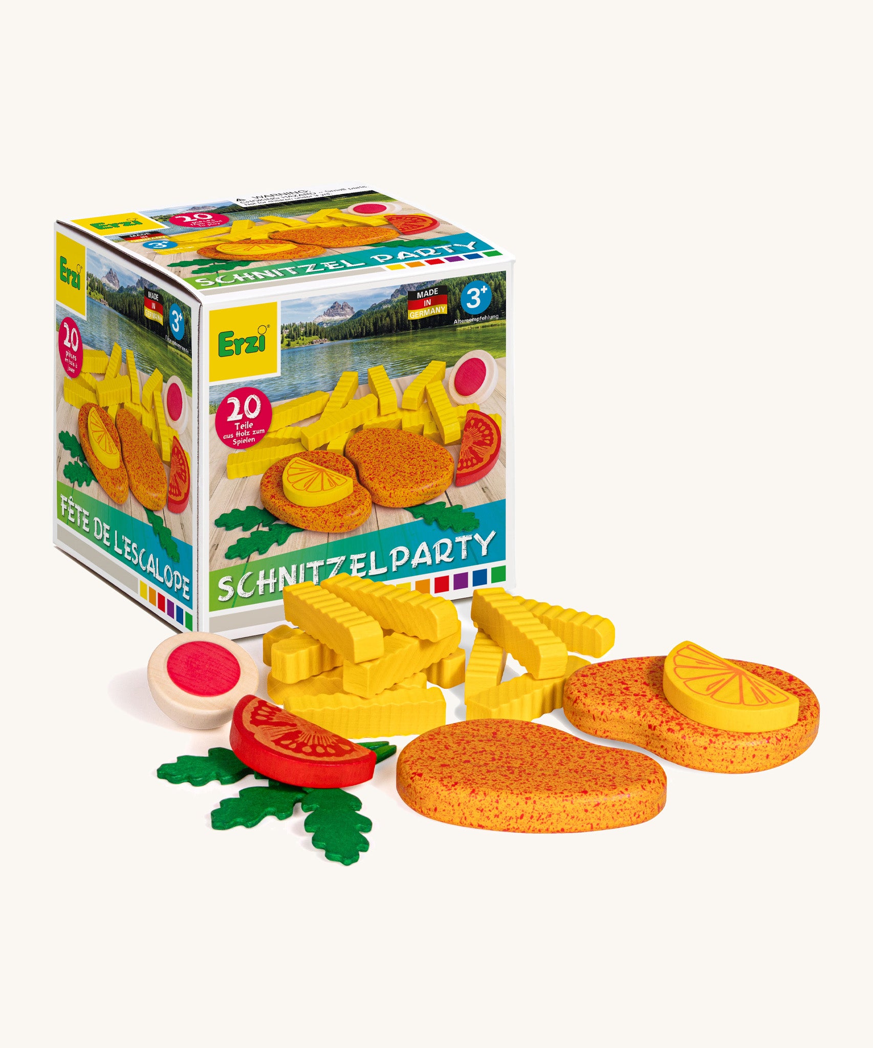 Erzi wooden schnitzel party set in original cardboard packaging on a cream background.